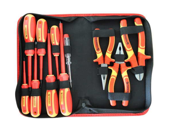 Набор инструмента диэлектрического,12пр(отвертки:SL3х75,4х100,5.5х125,6.5х150мм,РН0х75,1х80,2х100мм,бокорезы,плоскогубцы,утконосы,пробник)в сумке