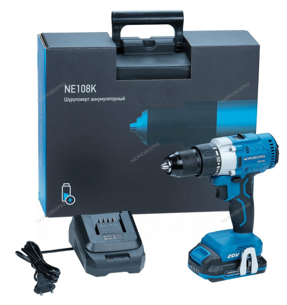 Шуруповерт аккумуляторный NORDBERG NE108K+NE9004 макс диам. сверла 13мм, 20В, 80Нм с 2 аккумуляторами и зарядным устройство
