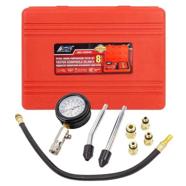 Индикатор компрессии бензинового двигателя 8пр.(0-20Bar, М10х1.0, М12х1.25, М14х1.25, М18х1.5 + 2 жестких прижимных адаптера-переходника),в кейсе