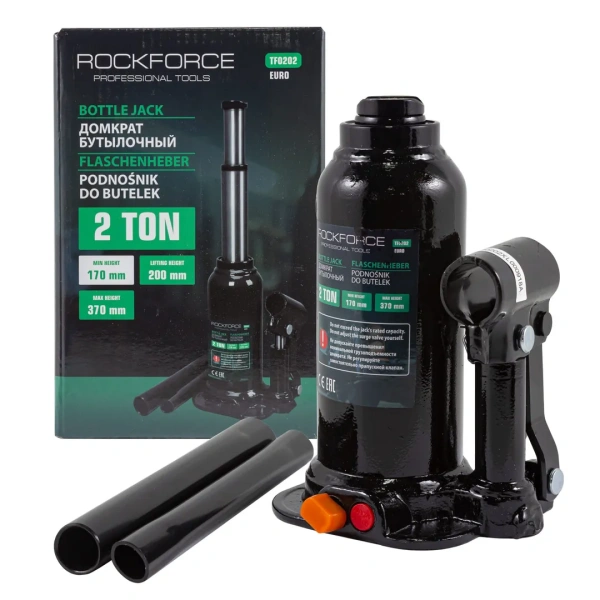 Домкрат бутылочный двухштоковый 2т с клапаном (высота подхвата - 170мм, высота подъема - 370мм, ход штока - 160мм)
