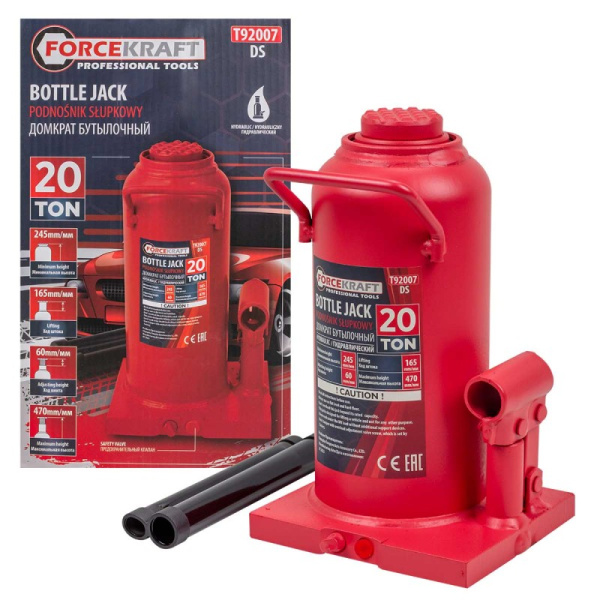 Домкрат гидравлический бутылочный, 20т (с предохранительным клапаном, минимальная высота: 245 мм, ход штока: 165 мм, ход винта: 60 мм, максимальная 470 мм - FK-T92007(DS)