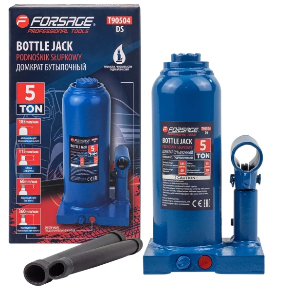 Домкрат гидравлический бутылочный, 5т (с предохранительным клапаном, минимальная высота: 185 мм, ход штока: 115 мм, ход винта: 60 мм, максимальная выс