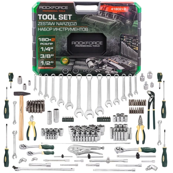 Набор инструментов 180+2пр. 1/4'', 3/8'', 1/2''(6гр.,12гр.)