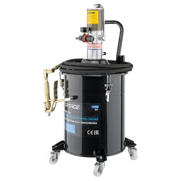 Нагнетатель смазки пневматический перекатной с емкостью 20л(50:1,пр-ть:0-0.85 л/мин, давление смазки:300-400bar,давление воздуха:6-8bar,шланг:4м)