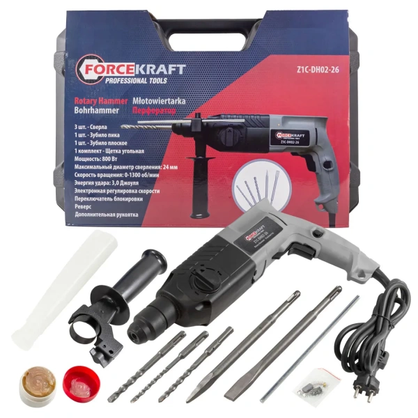 Перфоратор электрический(сверла 5,7,8х140мм,зубило плоское20х220мм,пика,уголь-е щетки,220V,50/60Гц,800W,0-1300 об/мин,2.8Дж,maxØ сверл.-24мм)в кейсе