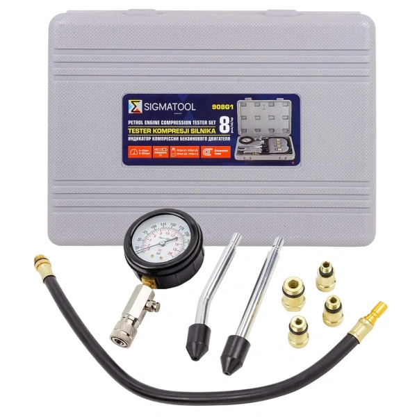 Индикатор компрессии бензинового двигателя 8пр.(0-20Bar, М10х1.0, М12х1.25, М14х1.25, М18х1.5 + 2 жестких прижимных адаптера-переходника),в кейсе