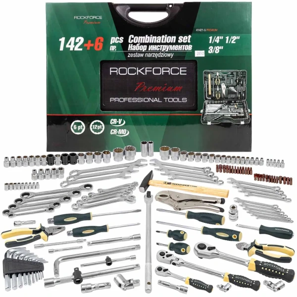 Набор инструментов 142+6пр. 1/4''3/8''1/2''(6-гран.)(4-36мм, 27,30,32,36-12гр.)+(ключи трещоточные:8х10,12х13,14х15,16х17,18х19мм, бокорезы-7'')