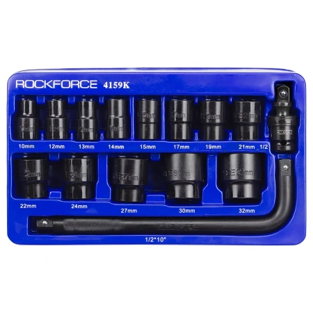 Набор головок ударных 15пр. 1/2''(6-гр.) (10,12, 13, 14, 15, 17, 19, 21, 22, 24, 27, 30, 32мм) в ложементе