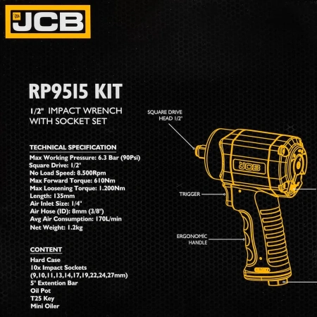 Пневмогайковерт ударный ''Compact''в облегченном корпусе 1/2''+набор головок(9,10,11,13,14,17,19,22,24,27мм+удлин.125мм,610/1200Hм,6.3bar,170 л/мин)
