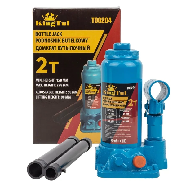 Домкрат бутылочный с клапаном 2т.(h min-158мм,h max-298мм, ход штока-90мм, ход винта-50мм)