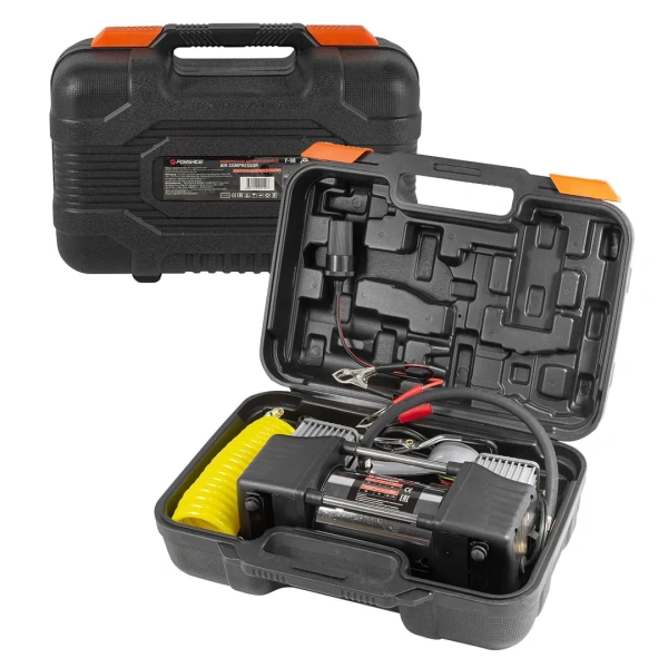 Компрессор поршневой автомобильный двухцилиндровый в пластиковом кейсе с цифровым манометром F-98 ''FORSAGE''(65л/мин, 23А) 12V