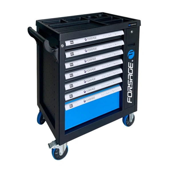 Тележка инструментальная 7-ми полочная (синяя), с дополнительной боковой секцией, 600х790х970 (полки:65х500х395-6шт,200х500х395мм-1шт)