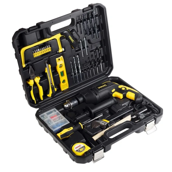 Набор инструментов 96пр(дрель ударная ,набор бит , сверло ,плоск , уровень ,ножовка ,кл разводной ,рулетка ,ножовка ,уровень ,нож , комплект метиз)