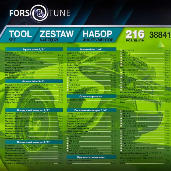 Набор инструментов 216пр. 1/4''3/8''1/2''(6гр.)(4-32мм) в пласт. кейсе