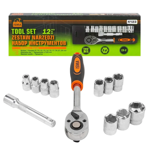 Набор головок с трещоткой и удлинителем 12пр.1/2''(6гр)(8,10,12-15,17,19,21,24мм),в пласт. держателе