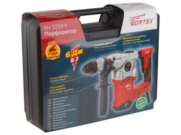 Перфоратор WORTEX RH 3239 F в чем. + (2 зубила, 3 сверла) 1500 Вт, 6.0 Дж, 32 мм, 4 режима, SDS-plus