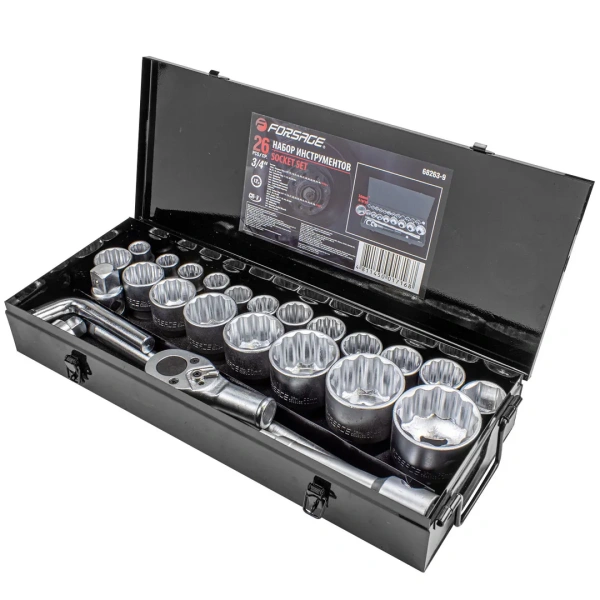 Набор инструментов 3/4 '',26 пр.(12гр.)(17,19,21,22,24,27,30,32,33,34,35,36,(36-6гр),38,41,46,50-3/4'',55,60,65мм-1''),в кейсе