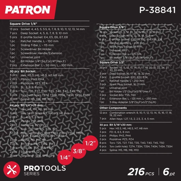 Набор инструментов 216пр. 1/4''3/8''1/2''(6гр.)(4-32мм)