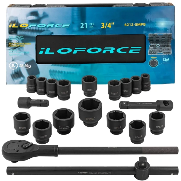 Набор инструментов ударных 21пр, 3/4''(6гр.)(17,19,21,22,24,27,30,32,34,35,36,36-12гр.,38,41,46,50мм), в метал. кейсе