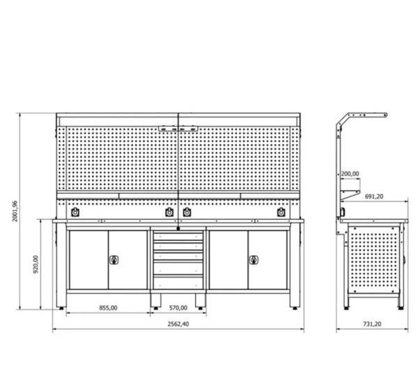 Верстак металический 730х2000х2500мм(столешница 690х2500мм,перфорация1080х2500мм,бок перфорации500х600мм,ящики навес 2-х створч.-2шт,ящик навес5 полок
