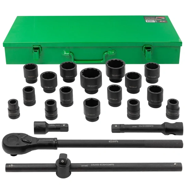 Набор инструментов ударных 3/4'', 12гр, 21пр(17,19,21,22,24,27,30,32,34,35,36,36-6гр,38,41,46,50мм), в металл.кейсе