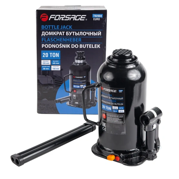 Домкрат бутылочный 20т EURO с клапаном (высота подхвата-235мм, высота подъема-445мм, ход штока-150мм, ход винта-60мм)