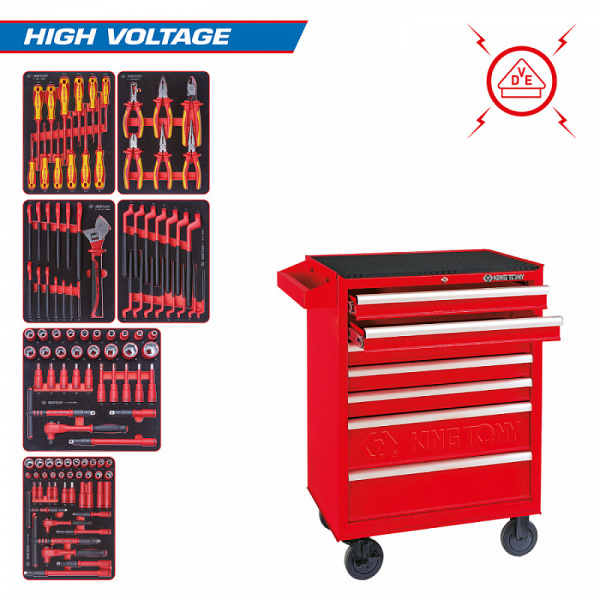 Набор инструментов "HIGH VOLTAGE" KING TONY 934-117MRVE в красной тележке, 117 предметов