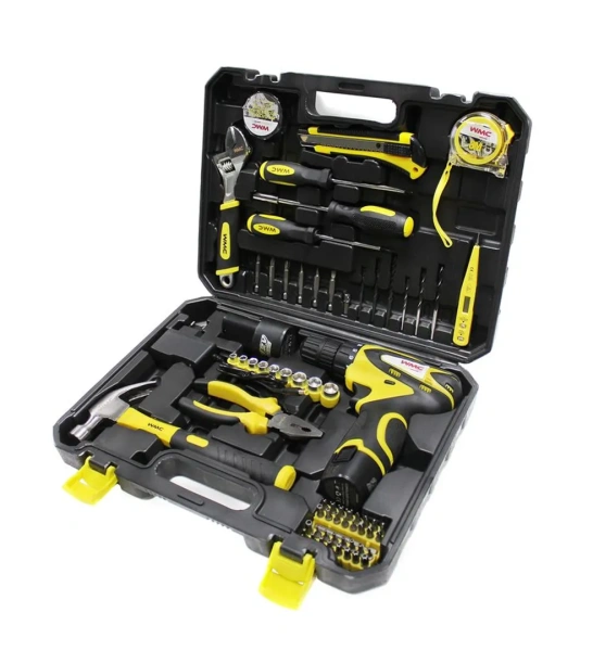 Набор инструментов с шуруповертом 68пр.1/4''(6гр)(5-13мм,шарнирно-губцевый инстр.,отвертки,биты,молоток,сверла,12В,0-1350об/мин,28N/M)