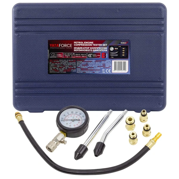 Индикатор компрессии бензинового двигателя Profi 8пр.(0-21Bar, М10, М12, М14, М18 + 2 жестких прижимных адаптера-переходника) , в кейсе
