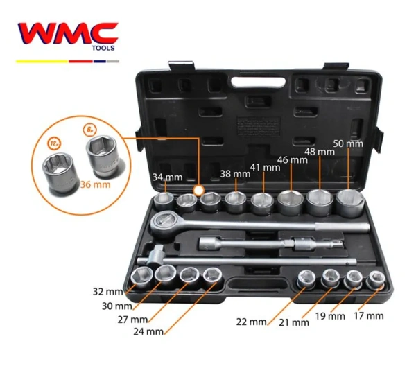 Набор инструментов 21пр 3/4''(6гр)(17,19,21,22,24,27,30,32,34,36,36-12гр.,38,41,46,48,50мм)