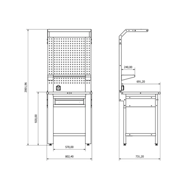 Верстак металический с выдвижной полкой 730х800х2000мм (столешница 690х800мм, перфорация 800х1080мм)