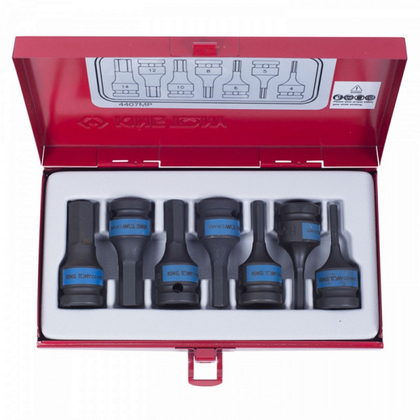 Набор ударных торцевых насадок KING TONY 4407MP, 1/2", HEX, 4-14 мм, L = 60 мм, 7 предметов