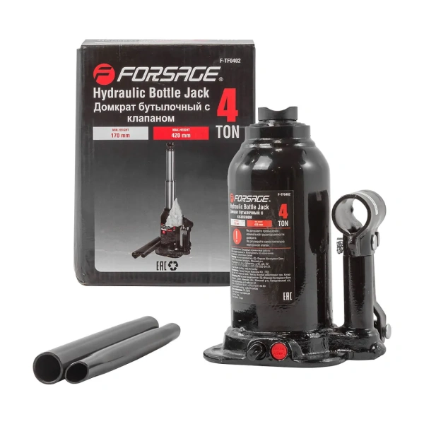 Домкрат бутылочный двухштоковый 4т с клапаном (h min - 180мм, h max - 410мм, ход штока - 170мм)