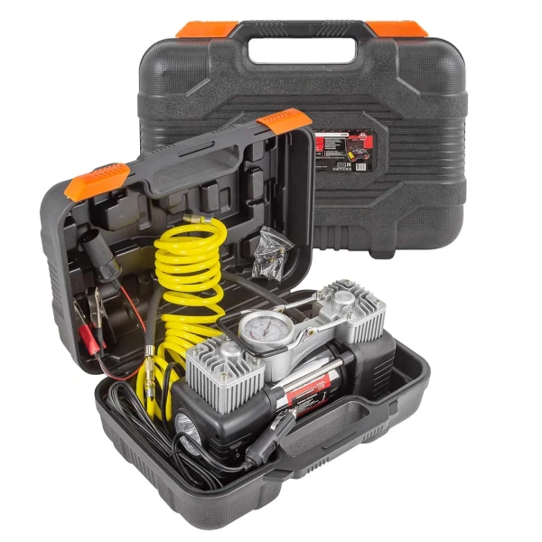 Компрессор поршневой автомобильный двухцилиндровый с фонарем в пластиковом кейсе F-2014360 ''FORSAGE''(65л/мин, 23А) 12V