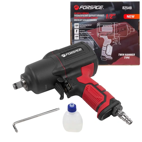 Пневмогайковерт ударный ''Twin Hammer''с реверсом и регулировкой усилия в облегченном корпусе 1/2''(1450Hм, 7000 об/мин,6.3bar,198 л/мин,вес 2кг)