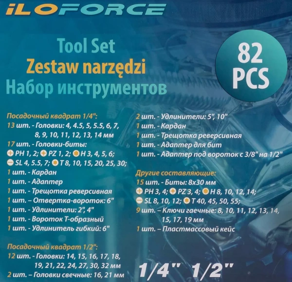 Набор инструмента 82пр.1/4''&1/2''(6-гр.)(4-32мм)