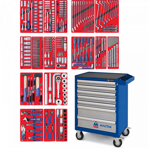 Инструментальная тележка с набором инструментов "ЭКСПЕРТ" в синей тележке, 323 предмета МАСТАК 52-07323B