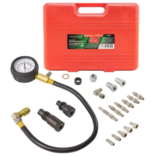 Тестер компрессии дизельного двигателя в наборе с резьбовыми адаптерами, (0-70 bar),19пр.в кейсе.