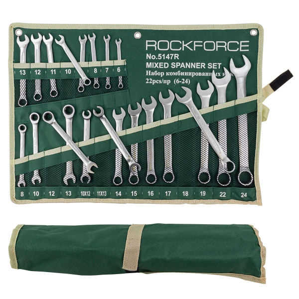 Набор ключей комбинированных универсальный 22пр,.комбинированные 16пр( 6-24мм)разрезные 2пр(10-12,11-13мм).трещоточные 4пр(8-13мм) на полотне