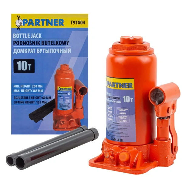 Домкрат бутылочный 10т с клапаном (h min 200мм, h max 385мм, ход штока-125мм, ход винта-60мм)