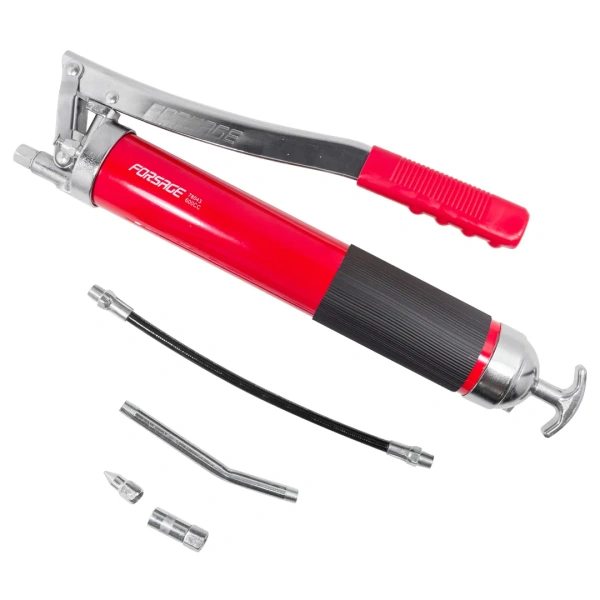 Шприц для нагнетания густой смазки ручной 600мл в комплекте с жестким(L-150мм) и гибким(L-280мм) наконечником (1шток,''под тубу'')