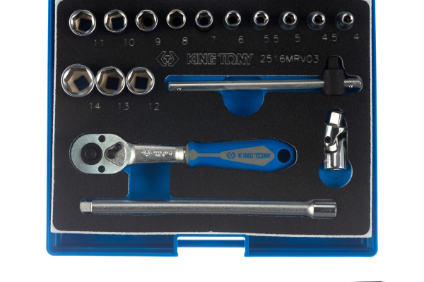 Набор торцевых головок с принадлежностями 1/4", шестигранные, 4-14 мм, 17 предметов KING TONY 2516MRV03