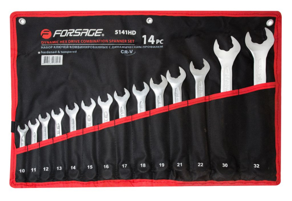 Набор ключей комбинированных с динамическим профилем, 14пр. (10-19, 21, 22, 30, 32мм), на полотне