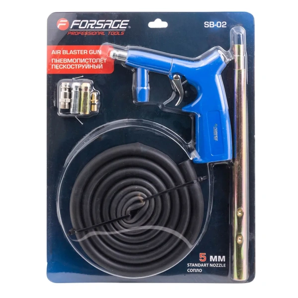 Пневмопистолет пескоструйный шлангового типа (3 сменных сопла, вход 1/4'', шланг 1.8м, расход воздуха 180л/мин, давление 6бар) в блистере