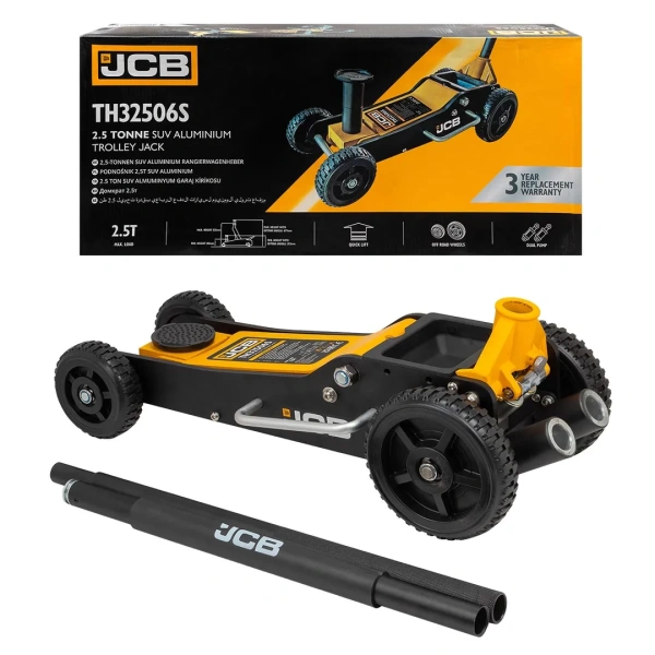 Домкрат подкатной гидравлический на резиновых колесах в комплекте с удлинителями 2.5т (h min 140мм,h max 677мм,удлин.76х54мм 2шт,колеса 150/200мм)