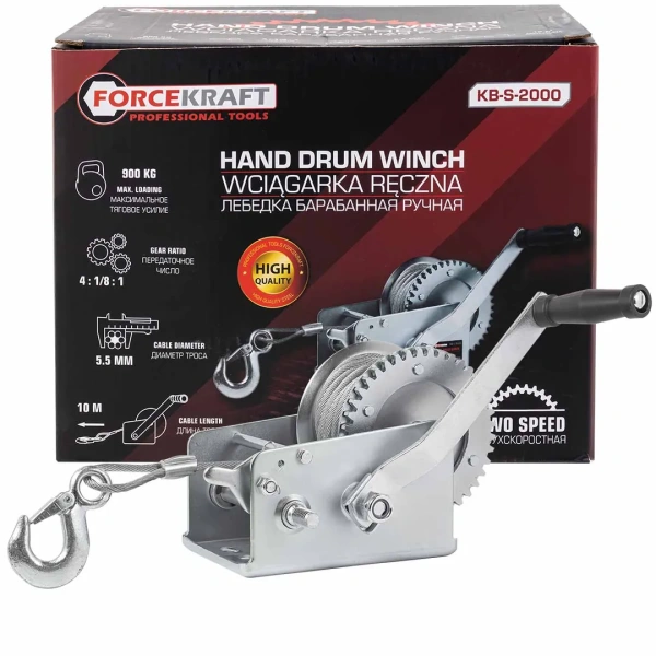 Лебедка ручная барабанная, 900кг(стальной трос, диаметр троса-4.5мм, длина троса-10м )