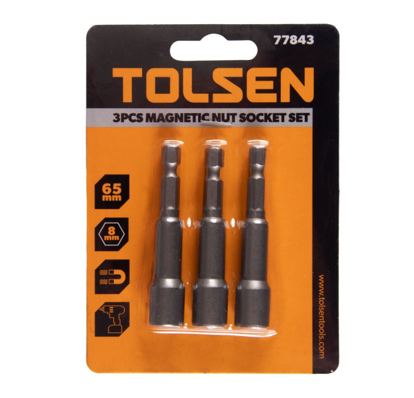 Набор головок для шуруповерта шестигранных 1/4", 8 мм, 65 мм, магнитных 3 предмета TOLSEN TT77843