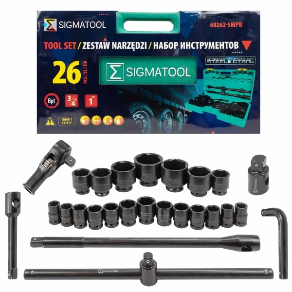 Набор инструментов, 26пр. 6гр, 3/4''(21,22,23,24,26,27,28,29,30,31,32,34,36,38,41,46,50) 1''(55,60,65), в пласт.кейсе