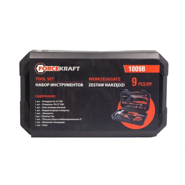Набор инструментов 9пр.(отвертки:SL6мм,РН2,нож,индикатор.-я отвертка,изолента,рулетка 3м,плоскогубцы,молоток)