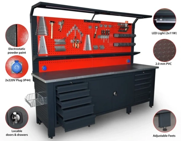 Верстак металический 730х2000х2500мм(столешница 690х2500мм,перфорация1080х2500мм,бок перфорации500х600мм,ящик навес 2-х створч.-1шт,ящик навес5 полок-